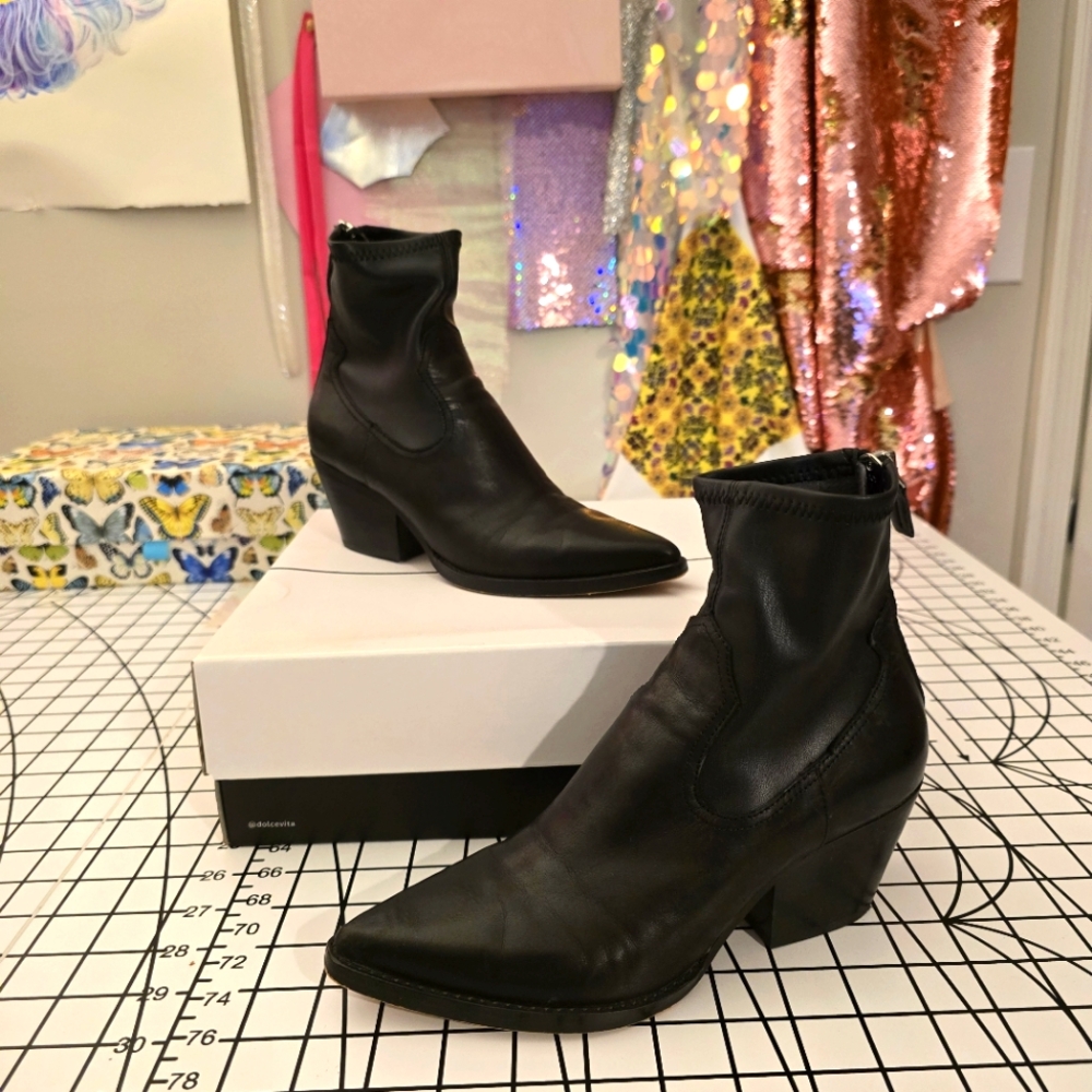 Dolce Vita Shanta Black Leather Western Bootie - 6.5